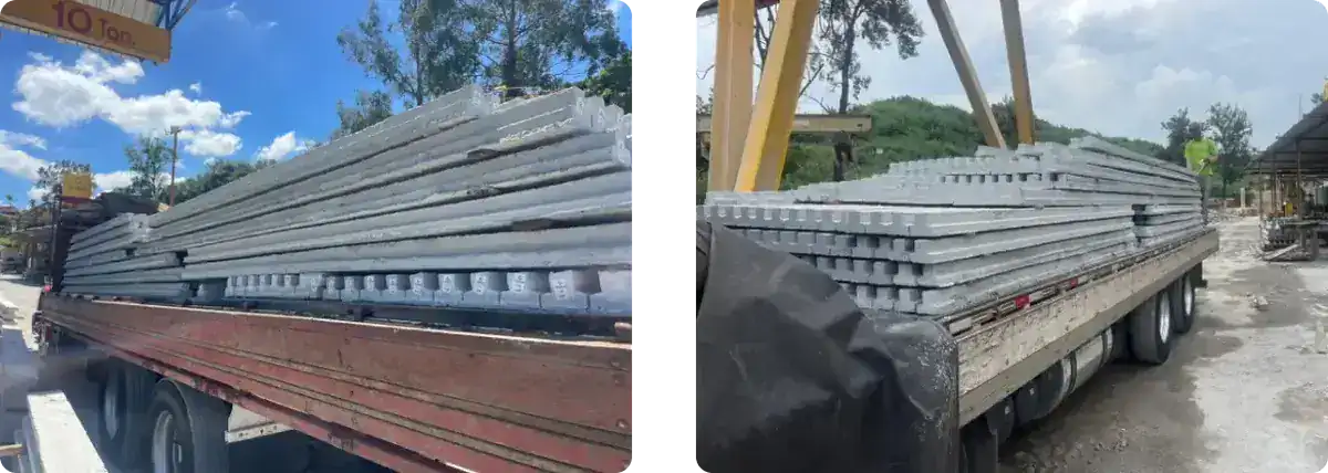 Viga de laje protendida carregada no caminhão para transporte